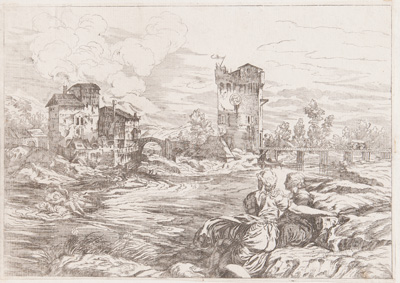 Titian etching from 1682 Landscape with the Rape of Europa 